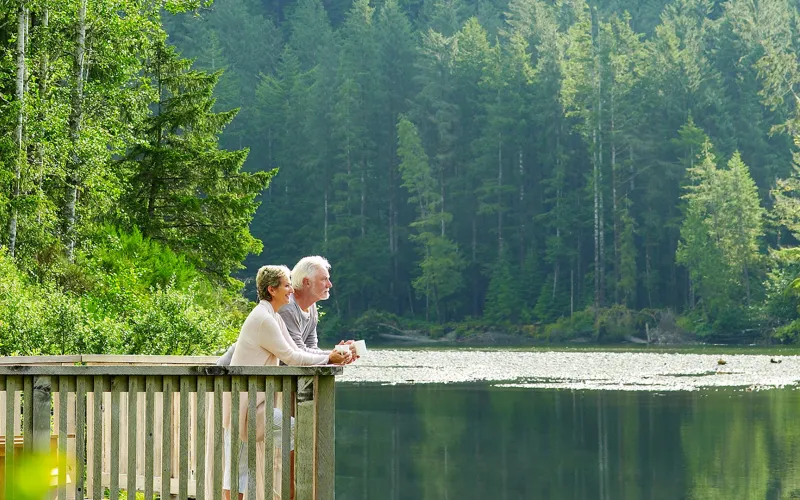 Couple on deck looking out at water