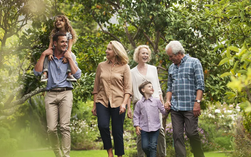 A family walking together in the park. 