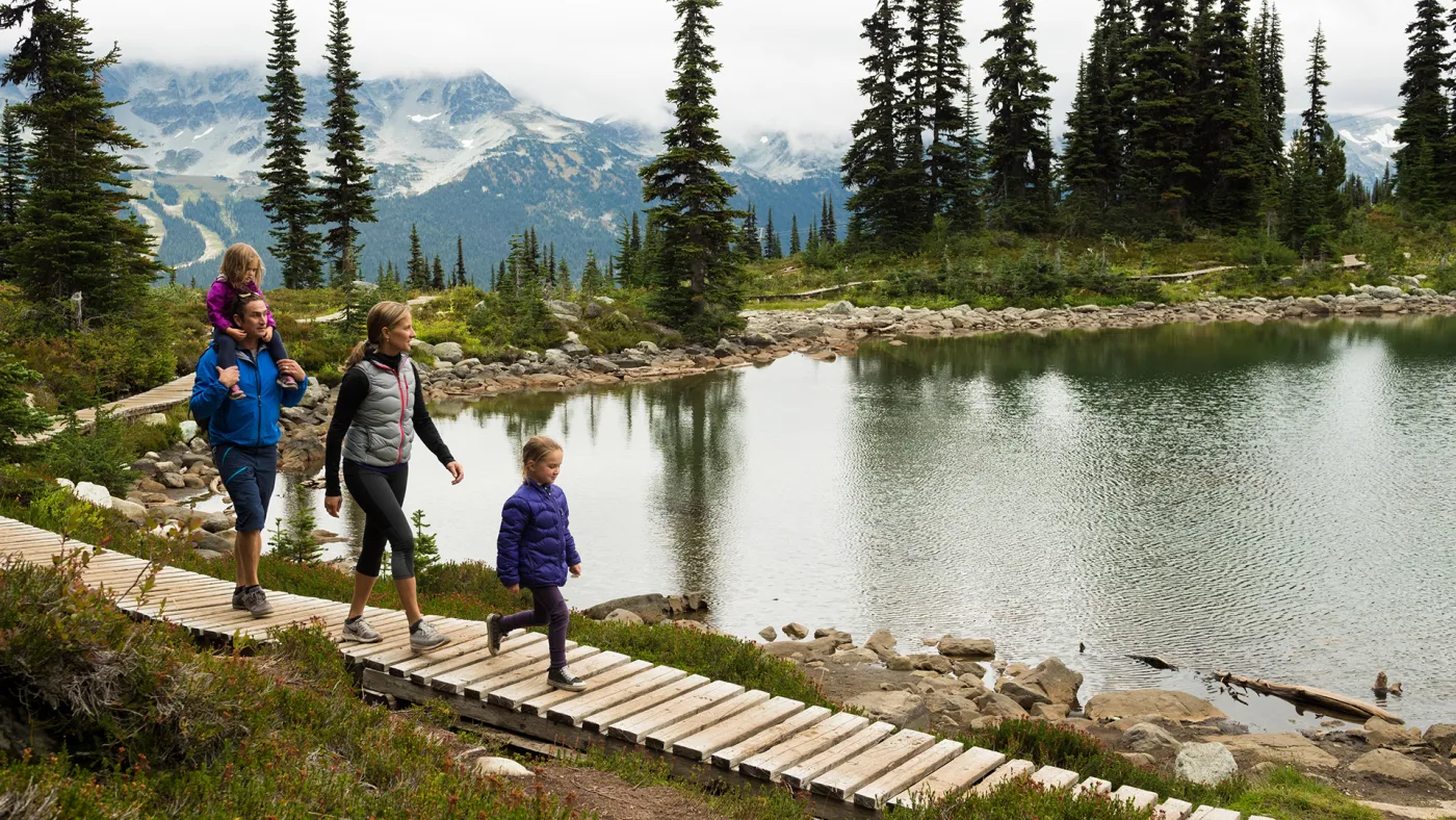 Family hiking in the alpine