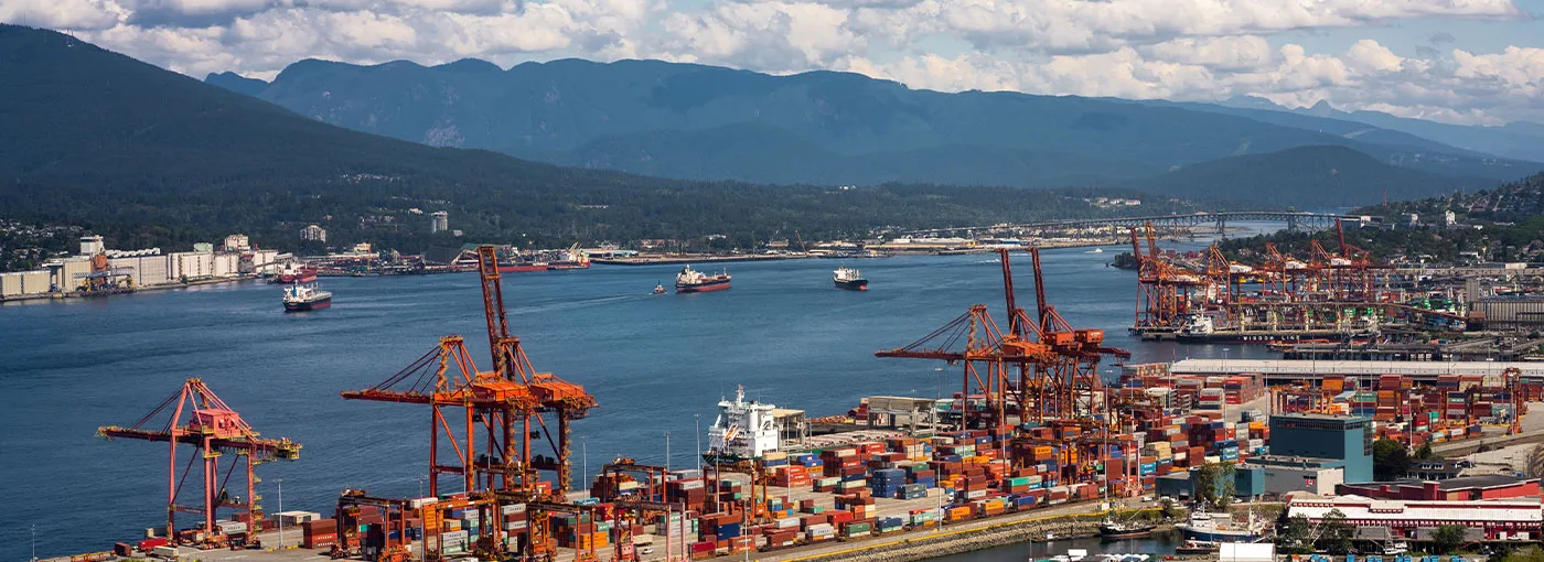 View of a harbor with shipping containers