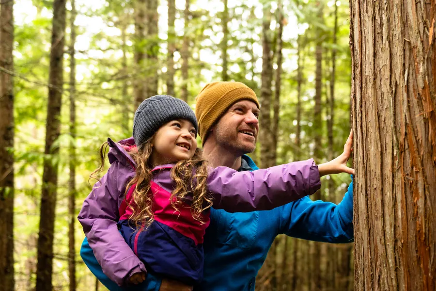 A Father and daughter in the woods in British Columbia.