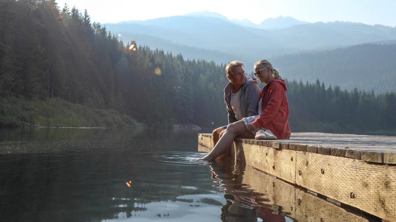 Retired couple sitting on a dock